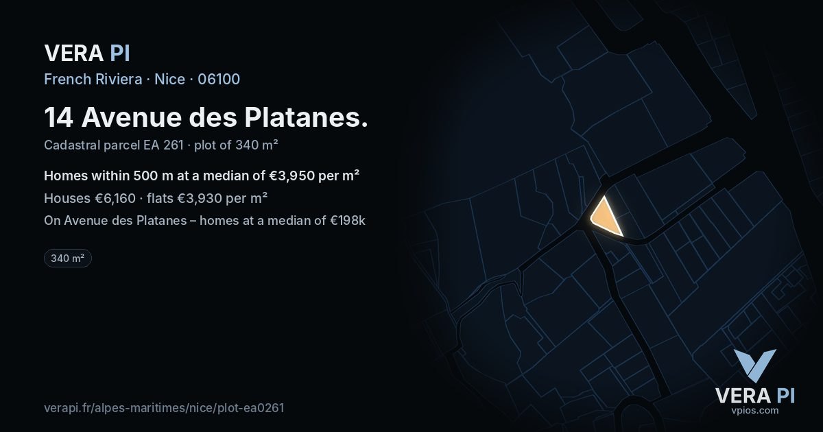 14 Avenue des Platanes, Nice at night – the plot lit, the parcels around coloured by the prices near them