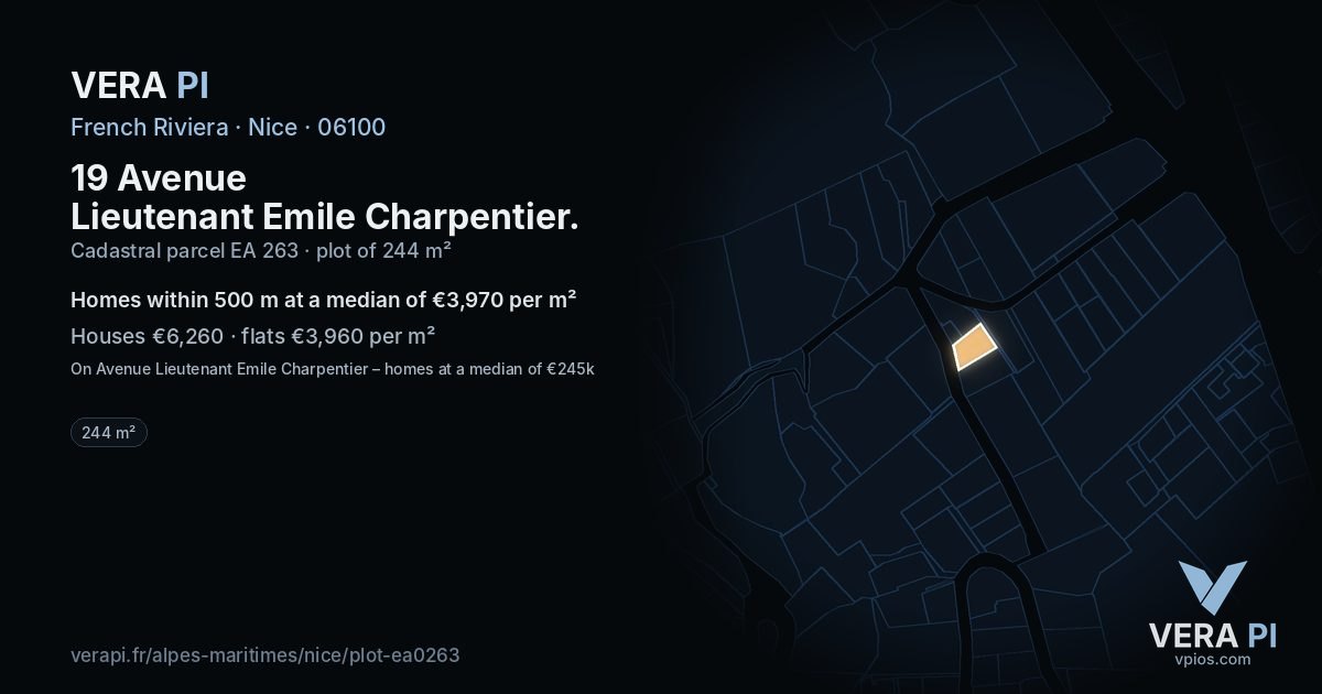 19 Avenue Lieutenant Emile Charpentier, Nice at night – the plot lit, the parcels around coloured by the prices near them