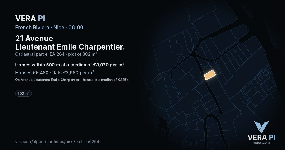 21 Avenue Lieutenant Emile Charpentier, Nice at night – the plot lit, the parcels around coloured by the prices near them