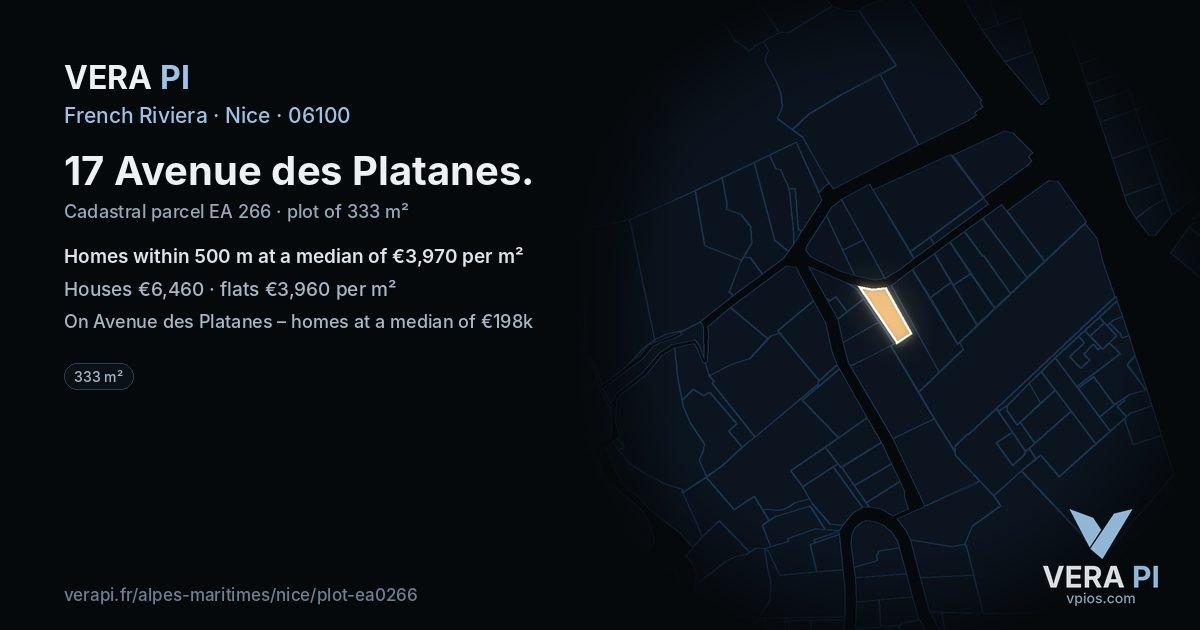 17 Avenue des Platanes, Nice at night – the plot lit, the parcels around coloured by the prices near them