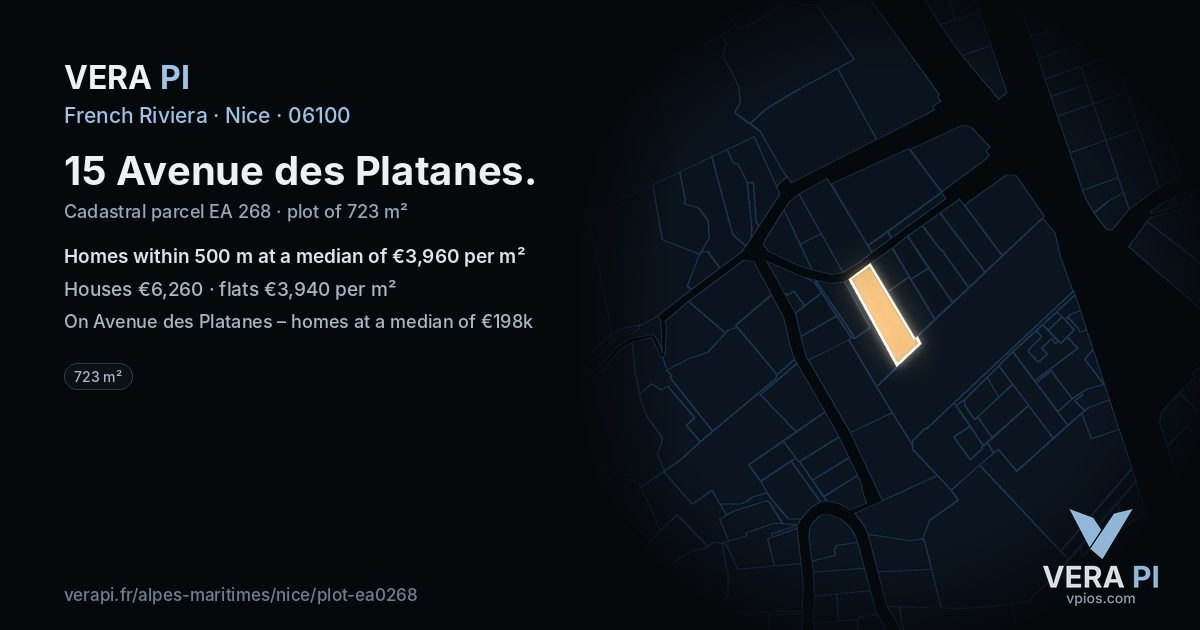 15 Avenue des Platanes, Nice at night – the plot lit, the parcels around coloured by the prices near them