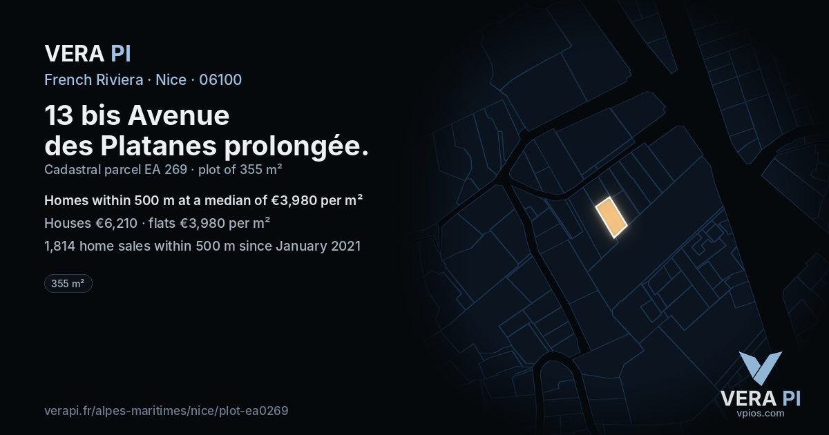 13 bis Avenue des Platanes prolongée, Nice at night – the plot lit, the parcels around coloured by the prices near them