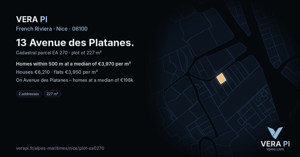 13 Avenue des Platanes, Nice at night – the plot lit, the parcels around coloured by the prices near them