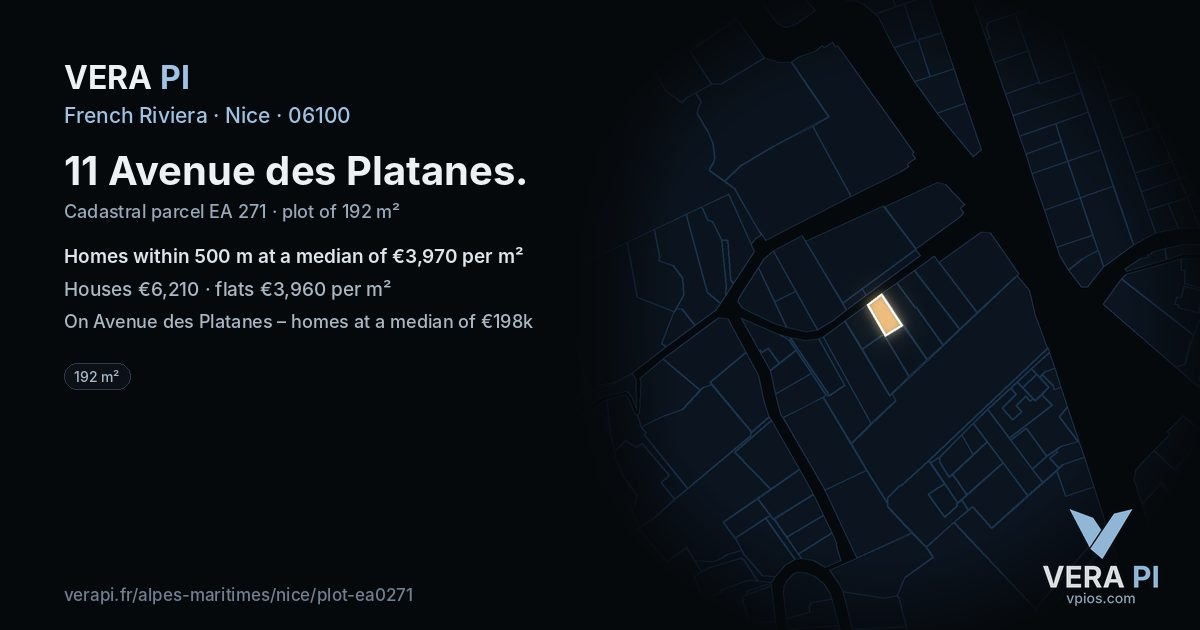 11 Avenue des Platanes, Nice at night – the plot lit, the parcels around coloured by the prices near them