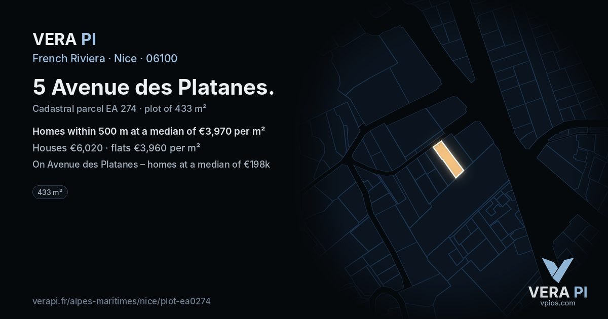 5 Avenue des Platanes, Nice at night – the plot lit, the parcels around coloured by the prices near them
