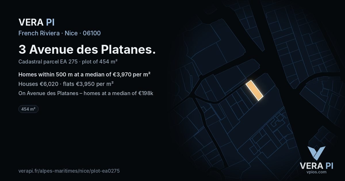 3 Avenue des Platanes, Nice at night – the plot lit, the parcels around coloured by the prices near them