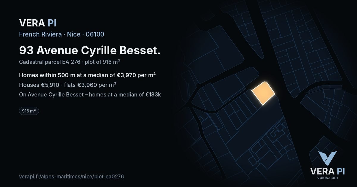 93 Avenue Cyrille Besset, Nice at night – the plot lit, the parcels around coloured by the prices near them