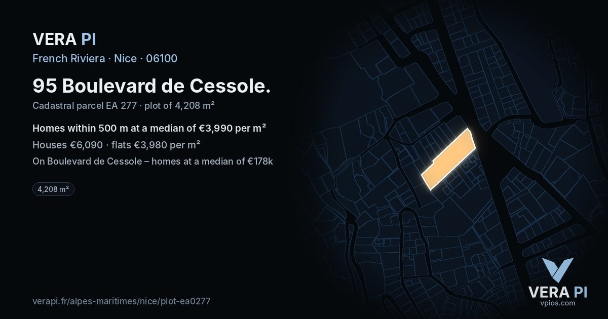 95 Boulevard de Cessole, Nice at night – the plot lit, the parcels around coloured by the prices near them