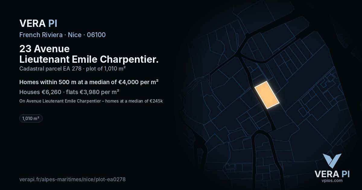 23 Avenue Lieutenant Emile Charpentier, Nice at night – the plot lit, the parcels around coloured by the prices near them