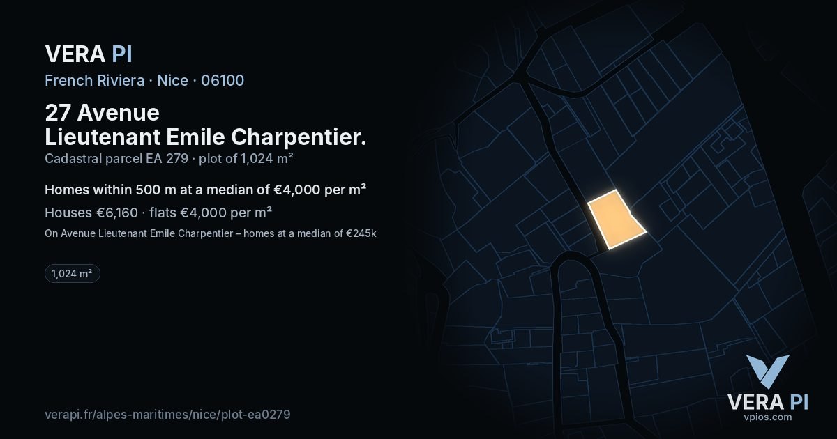 27 Avenue Lieutenant Emile Charpentier, Nice at night – the plot lit, the parcels around coloured by the prices near them