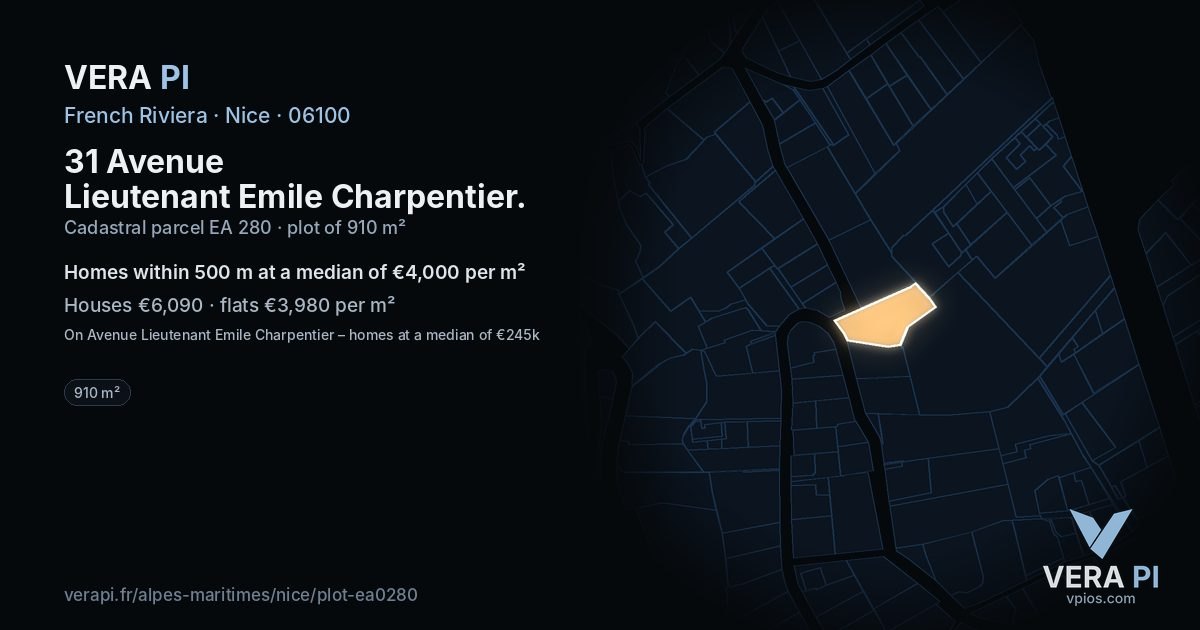 31 Avenue Lieutenant Emile Charpentier, Nice at night – the plot lit, the parcels around coloured by the prices near them