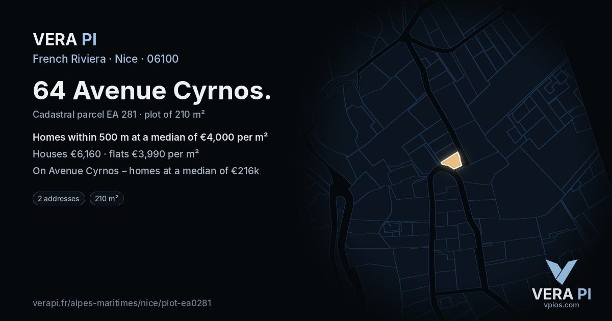 64 Avenue Cyrnos, Nice at night – the plot lit, the parcels around coloured by the prices near them