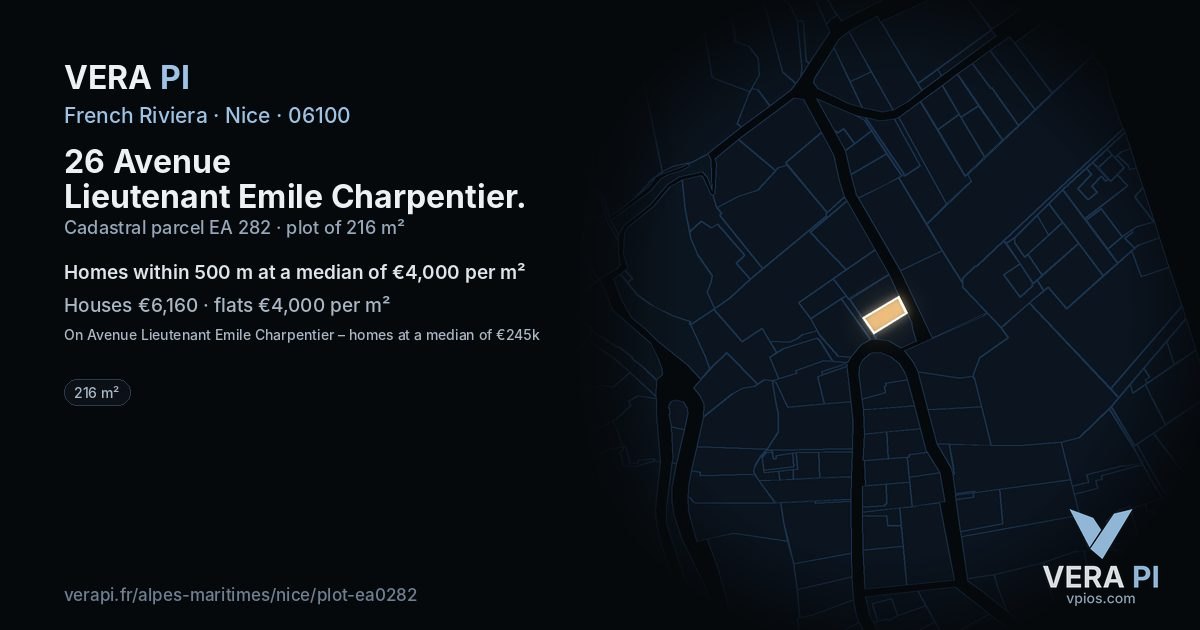 26 Avenue Lieutenant Emile Charpentier, Nice at night – the plot lit, the parcels around coloured by the prices near them