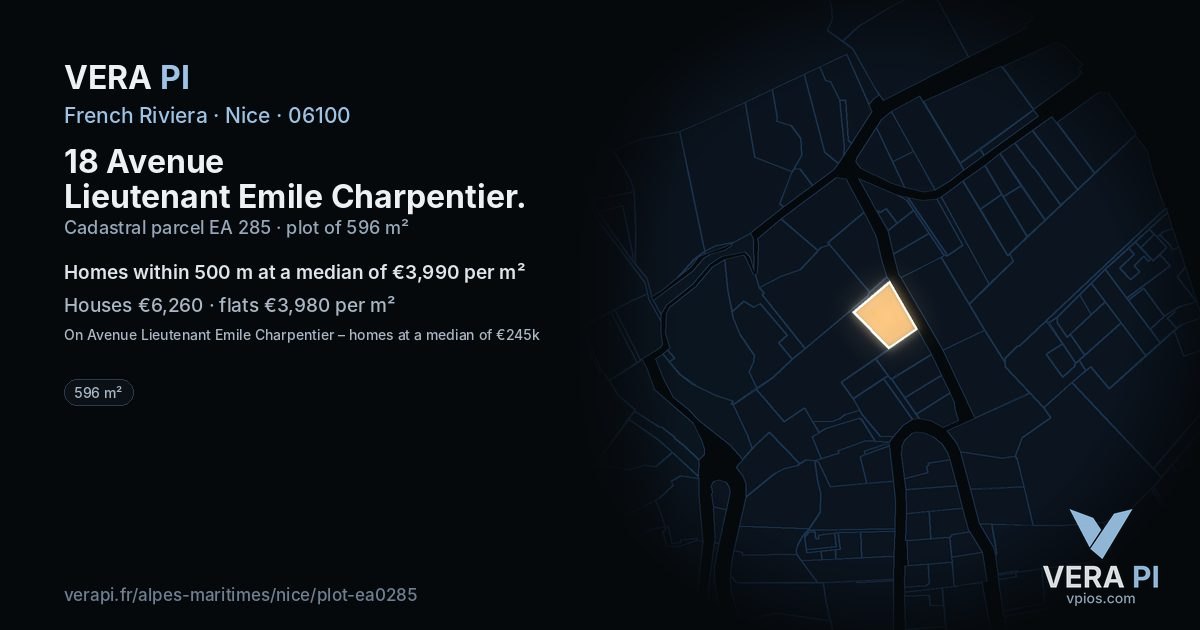 18 Avenue Lieutenant Emile Charpentier, Nice at night – the plot lit, the parcels around coloured by the prices near them