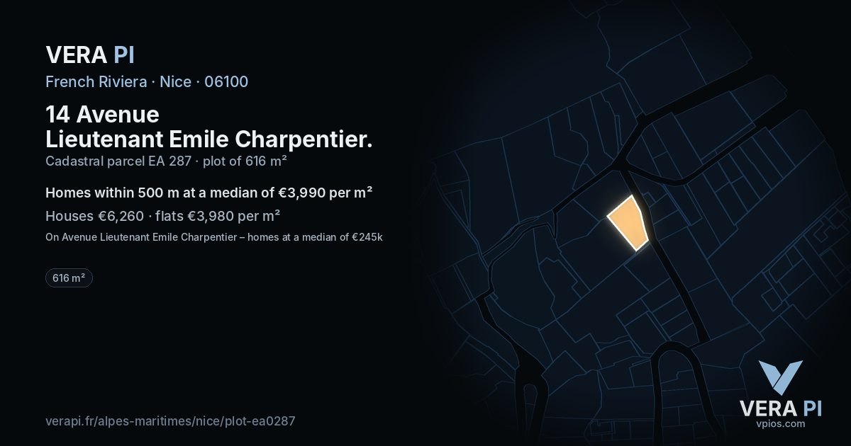 14 Avenue Lieutenant Emile Charpentier, Nice at night – the plot lit, the parcels around coloured by the prices near them