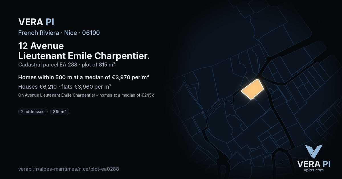 12 Avenue Lieutenant Emile Charpentier, Nice at night – the plot lit, the parcels around coloured by the prices near them