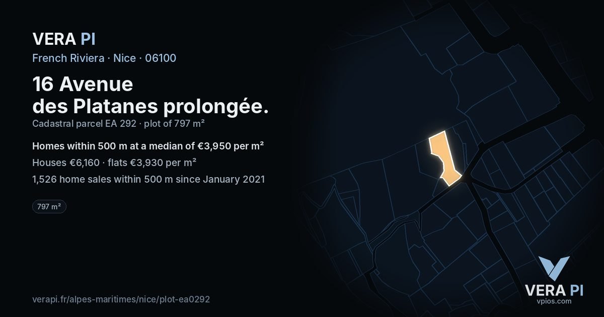 16 Avenue des Platanes prolongée, Nice at night – the plot lit, the parcels around coloured by the prices near them