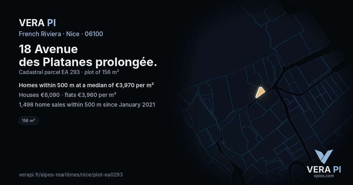 18 Avenue des Platanes prolongée, Nice at night – the plot lit, the parcels around coloured by the prices near them