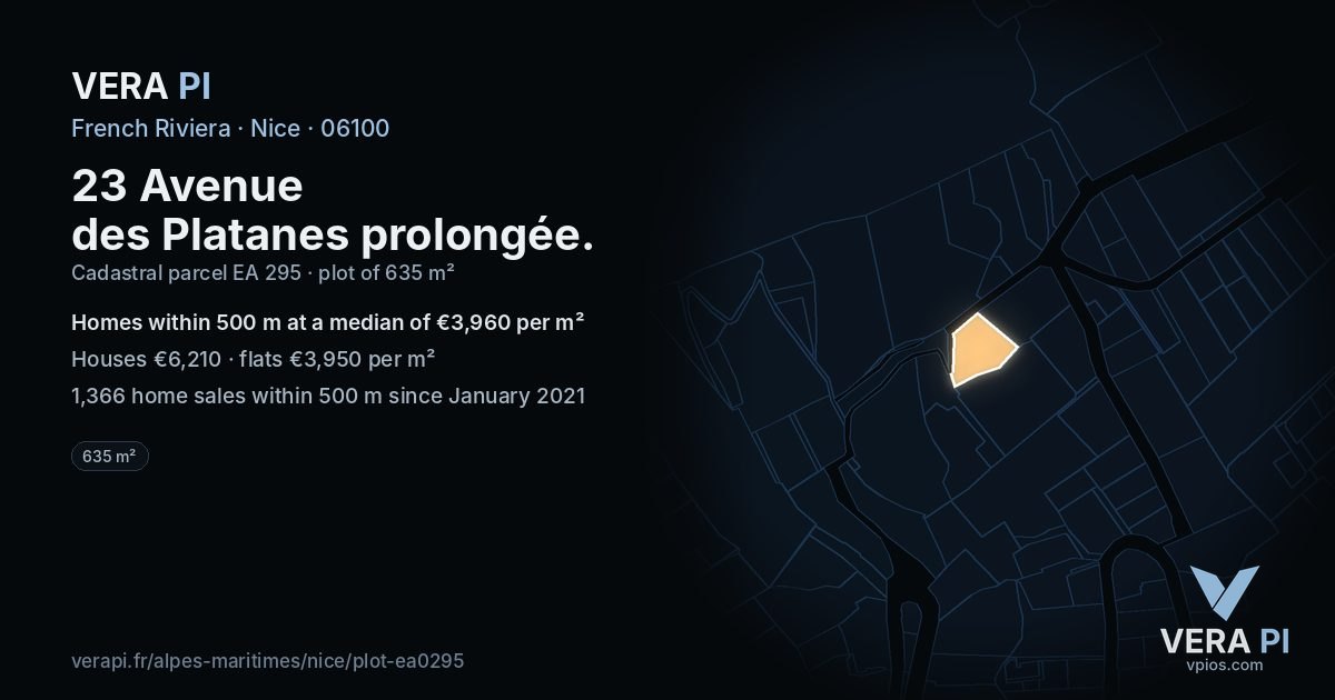 23 Avenue des Platanes prolongée, Nice at night – the plot lit, the parcels around coloured by the prices near them
