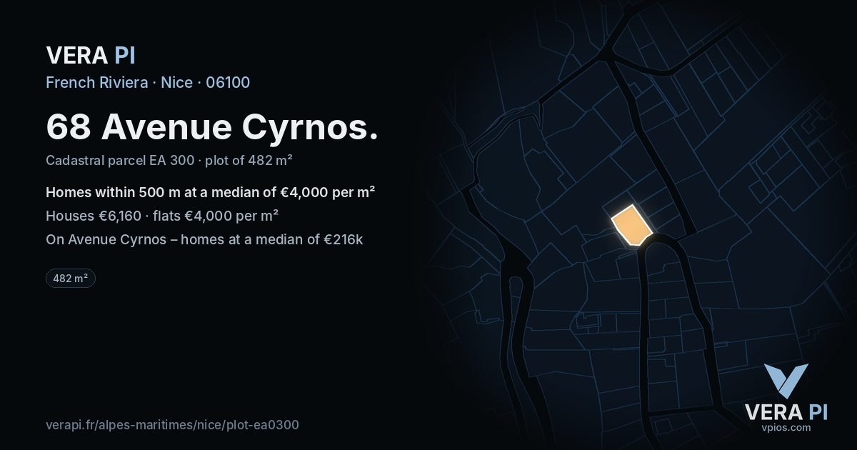 68 Avenue Cyrnos, Nice at night – the plot lit, the parcels around coloured by the prices near them