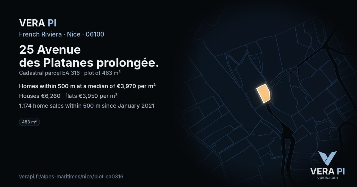 25 Avenue des Platanes prolongée, Nice at night – the plot lit, the parcels around coloured by the prices near them