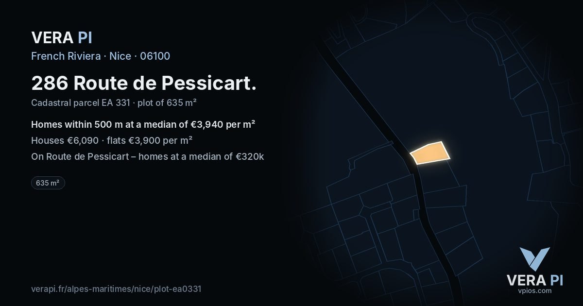 286 Route de Pessicart, Nice at night – the plot lit, the parcels around coloured by the prices near them