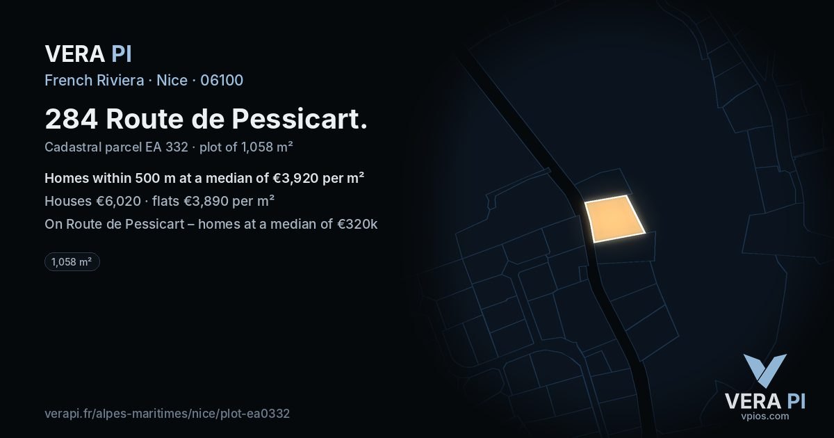 284 Route de Pessicart, Nice at night – the plot lit, the parcels around coloured by the prices near them