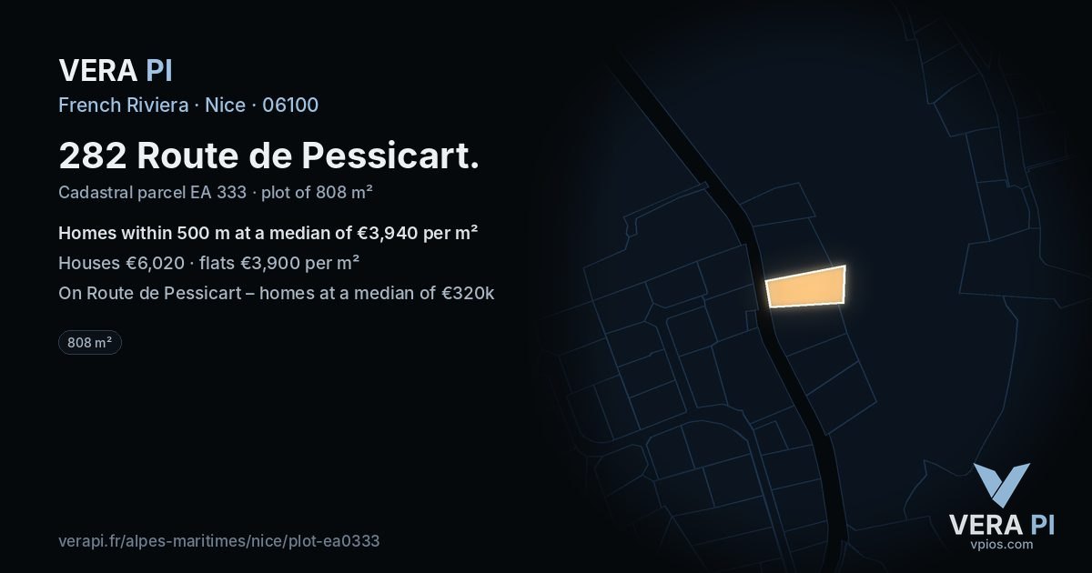282 Route de Pessicart, Nice at night – the plot lit, the parcels around coloured by the prices near them