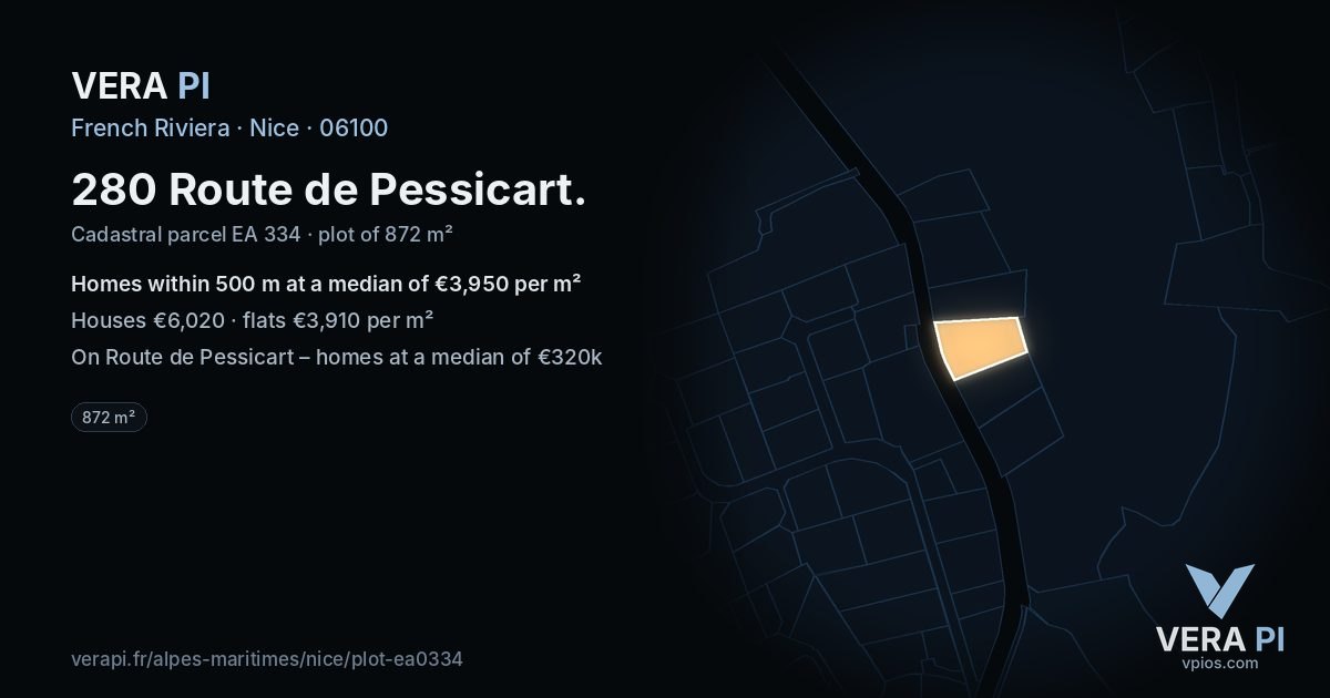 280 Route de Pessicart, Nice at night – the plot lit, the parcels around coloured by the prices near them