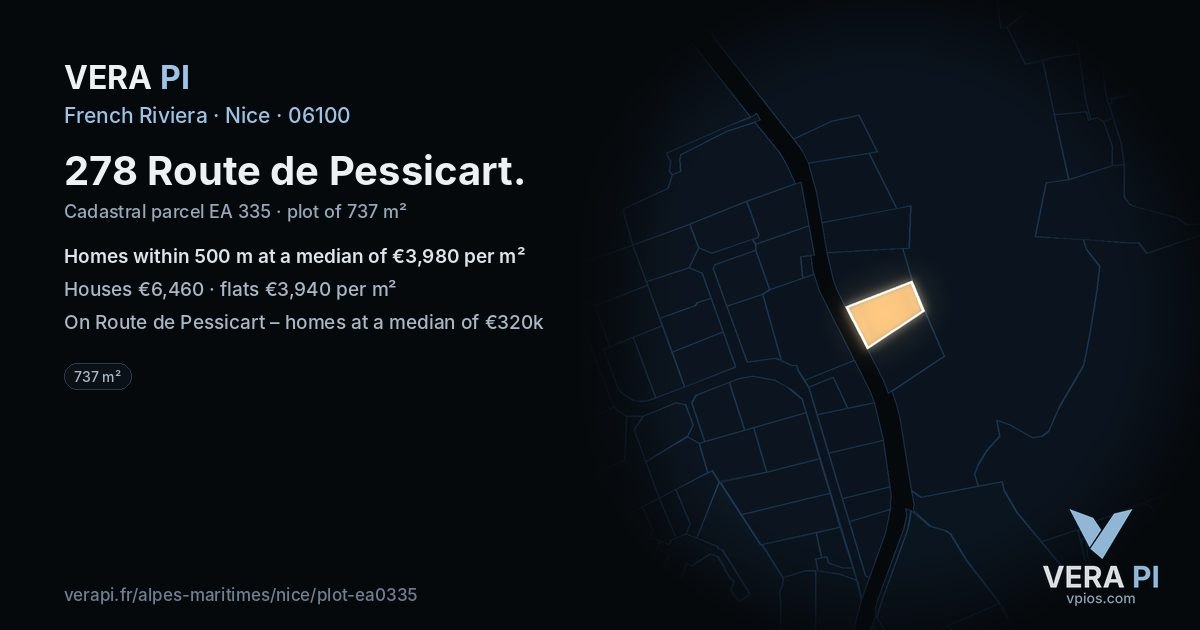 278 Route de Pessicart, Nice at night – the plot lit, the parcels around coloured by the prices near them