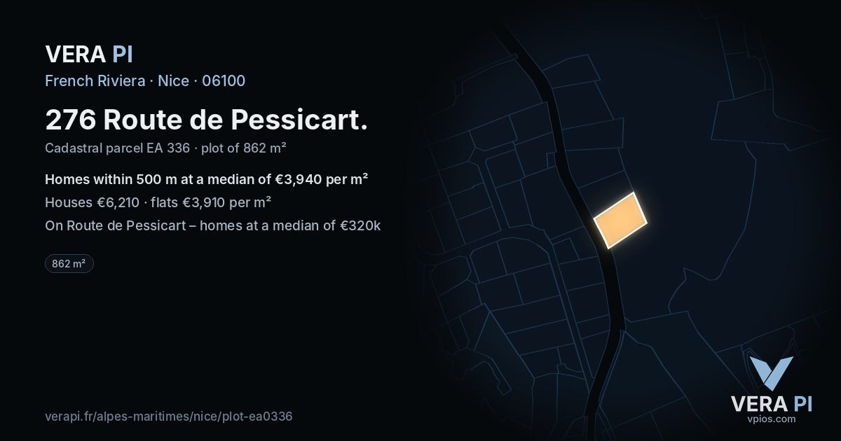 276 Route de Pessicart, Nice at night – the plot lit, the parcels around coloured by the prices near them