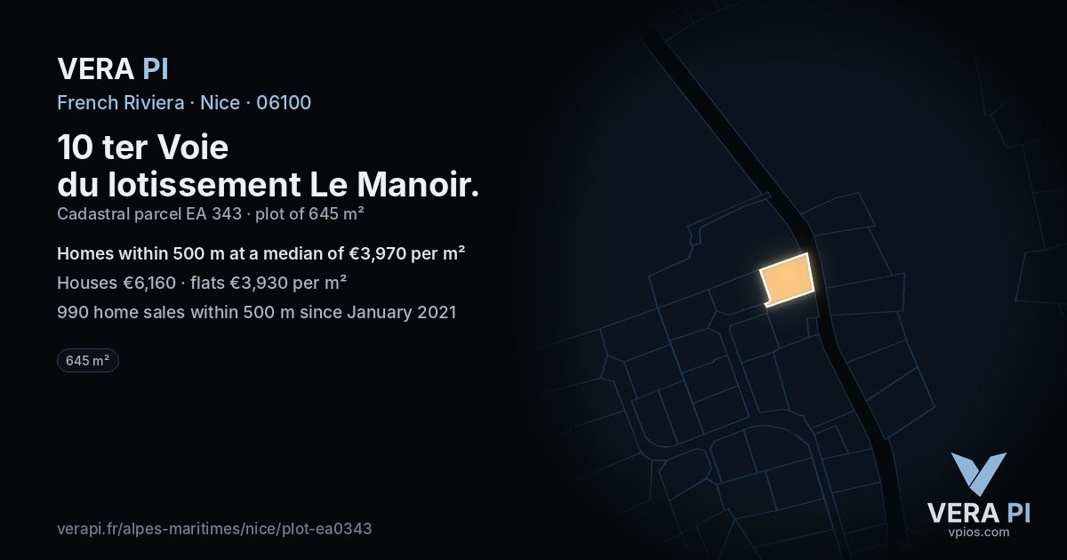 10 ter Voie du lotissement Le Manoir, Nice at night – the plot lit, the parcels around coloured by the prices near them