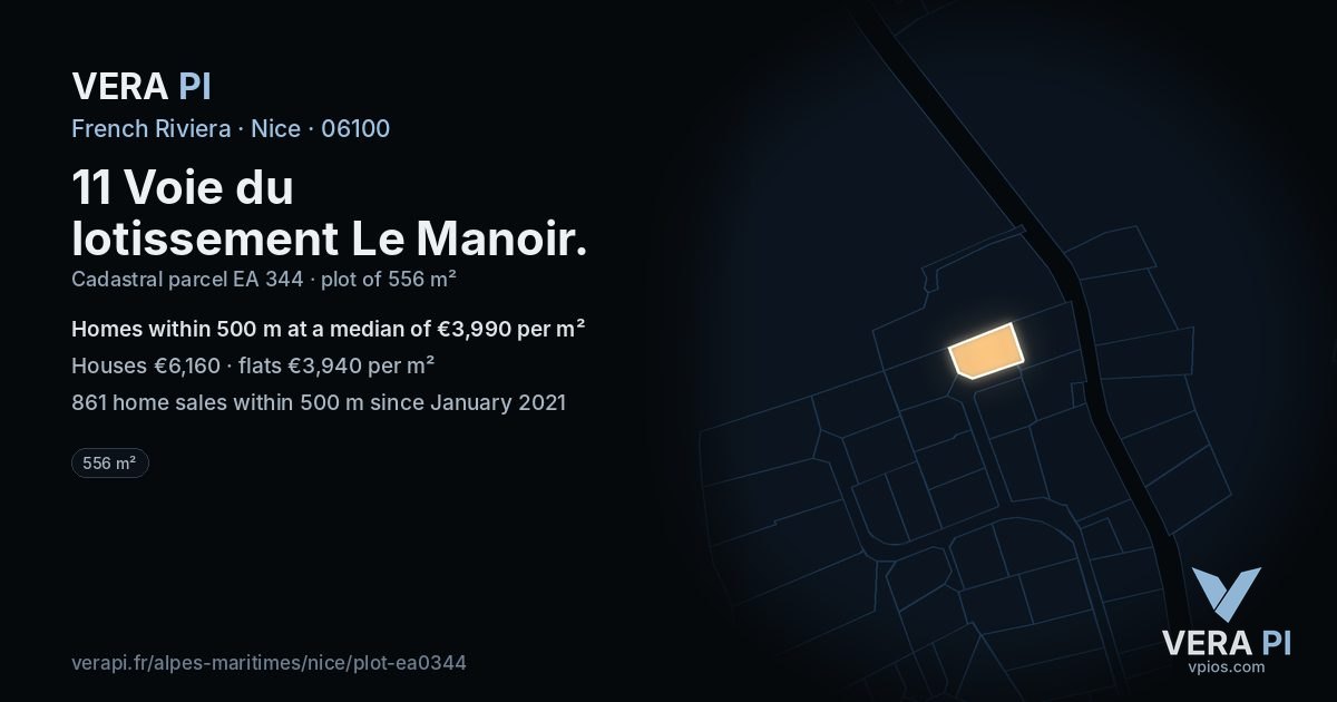 11 Voie du lotissement Le Manoir, Nice at night – the plot lit, the parcels around coloured by the prices near them