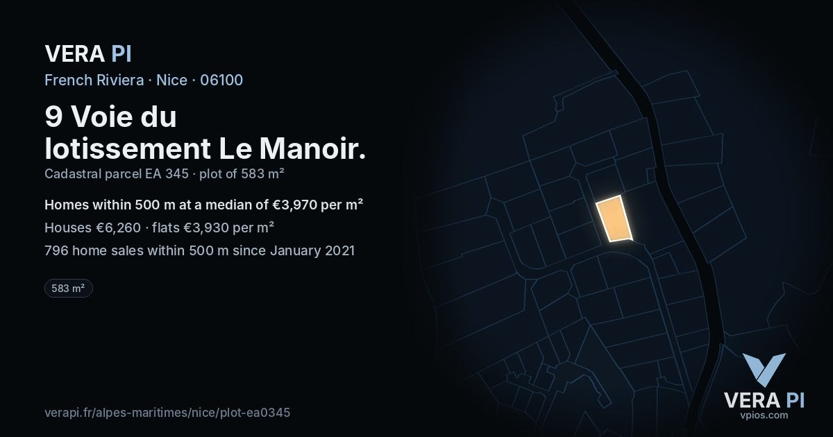 9 Voie du lotissement Le Manoir, Nice at night – the plot lit, the parcels around coloured by the prices near them
