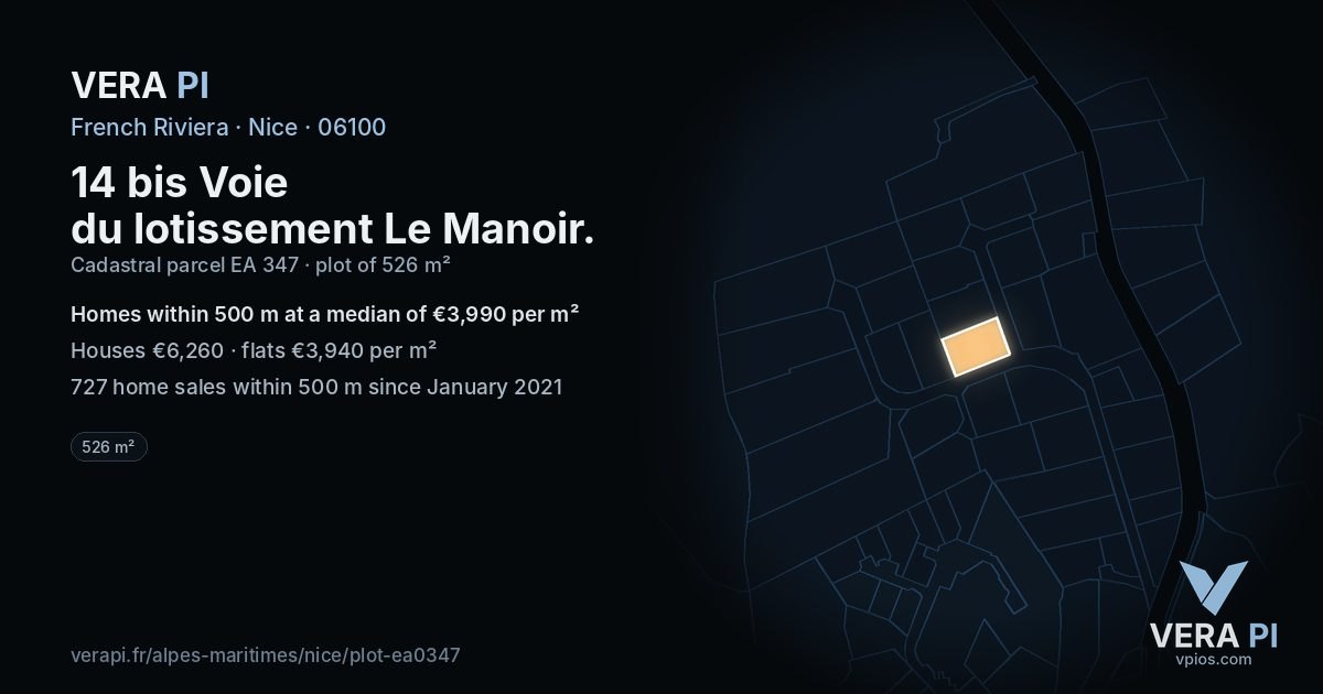 14 bis Voie du lotissement Le Manoir, Nice at night – the plot lit, the parcels around coloured by the prices near them