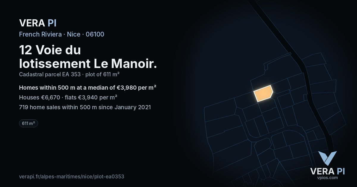 12 Voie du lotissement Le Manoir, Nice at night – the plot lit, the parcels around coloured by the prices near them