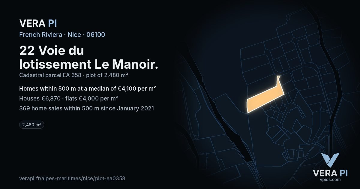 22 Voie du lotissement Le Manoir, Nice at night – the plot lit, the parcels around coloured by the prices near them