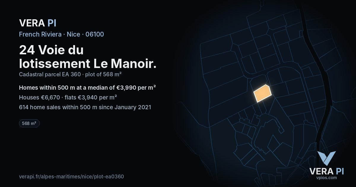 24 Voie du lotissement Le Manoir, Nice at night – the plot lit, the parcels around coloured by the prices near them