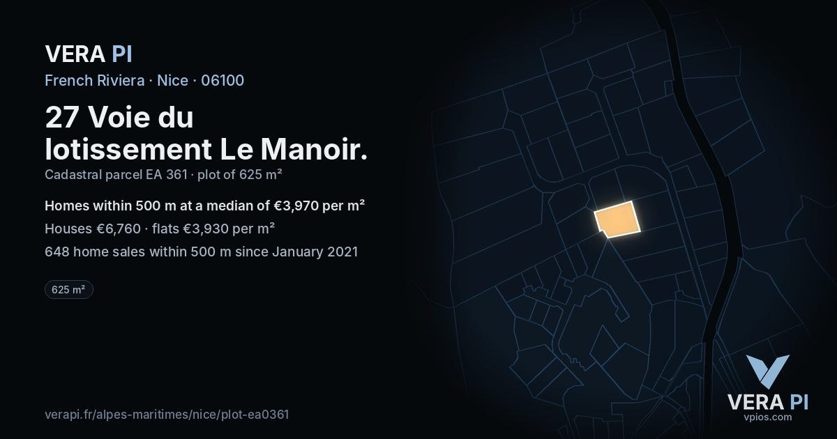 27 Voie du lotissement Le Manoir, Nice at night – the plot lit, the parcels around coloured by the prices near them