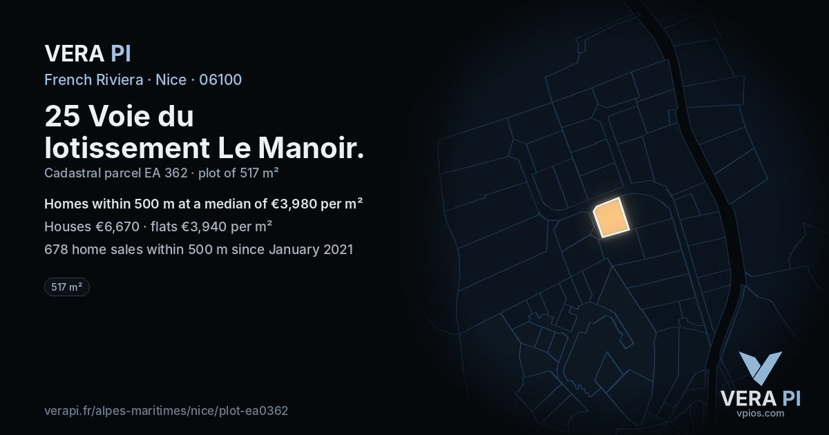 25 Voie du lotissement Le Manoir, Nice at night – the plot lit, the parcels around coloured by the prices near them