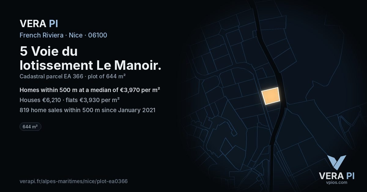 5 Voie du lotissement Le Manoir, Nice at night – the plot lit, the parcels around coloured by the prices near them