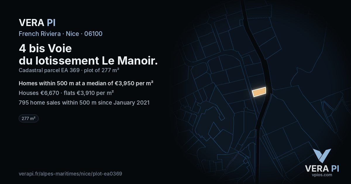4 bis Voie du lotissement Le Manoir, Nice at night – the plot lit, the parcels around coloured by the prices near them