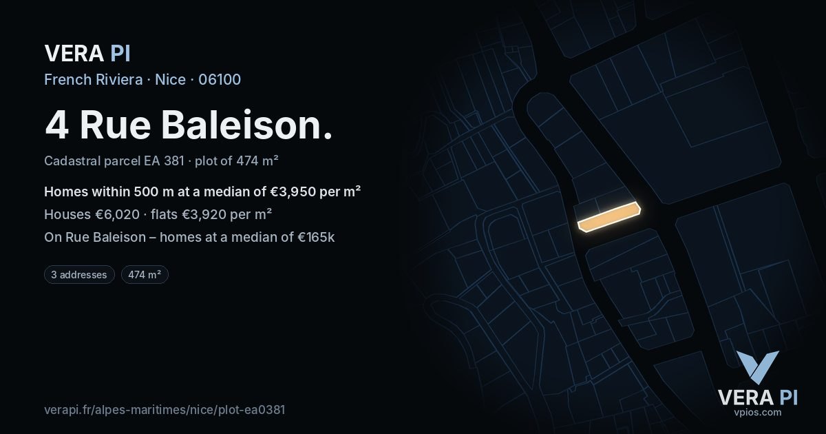 4 Rue Baleison, Nice at night – the plot lit, the parcels around coloured by the prices near them