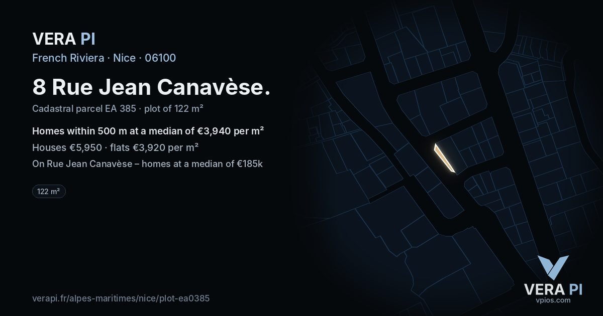 8 Rue Jean Canavèse, Nice at night – the plot lit, the parcels around coloured by the prices near them
