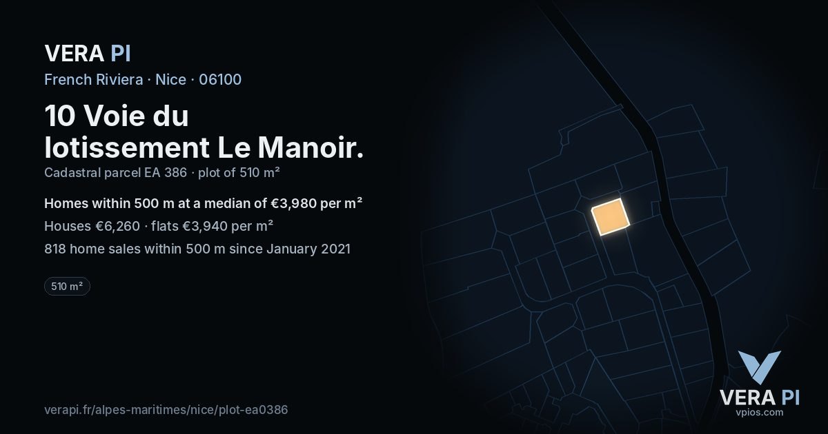 10 Voie du lotissement Le Manoir, Nice at night – the plot lit, the parcels around coloured by the prices near them