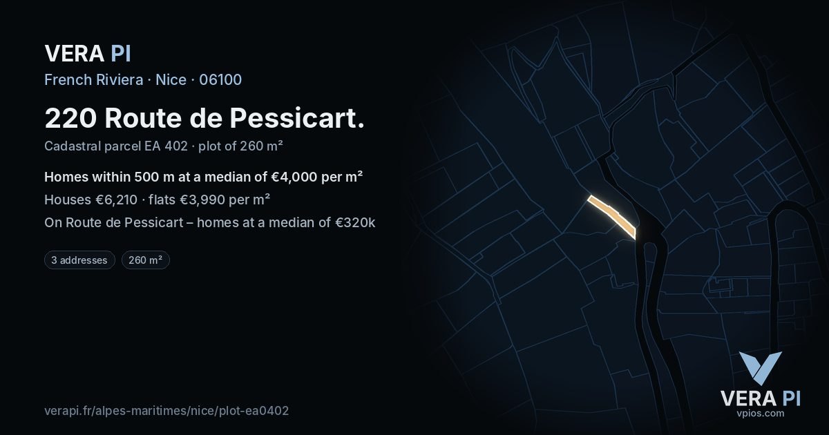 220 Route de Pessicart, Nice at night – the plot lit, the parcels around coloured by the prices near them