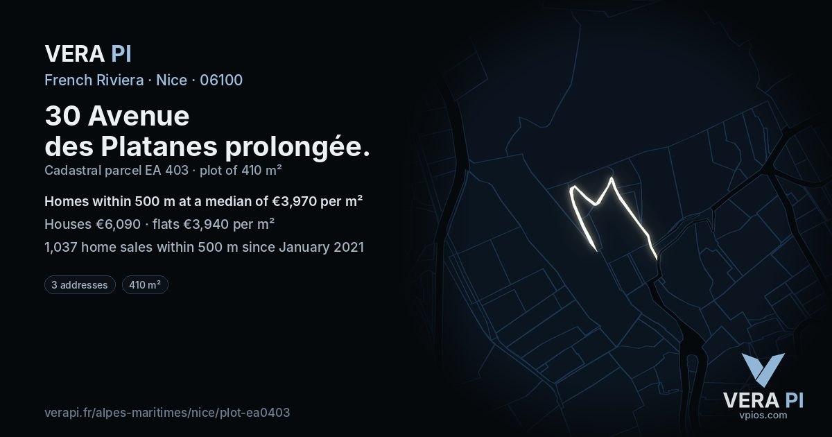 30 Avenue des Platanes prolongée, Nice at night – the plot lit, the parcels around coloured by the prices near them