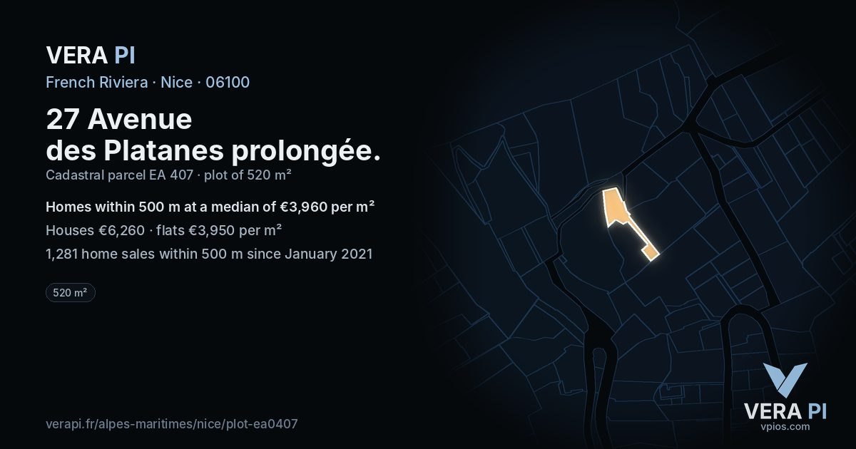 27 Avenue des Platanes prolongée, Nice at night – the plot lit, the parcels around coloured by the prices near them