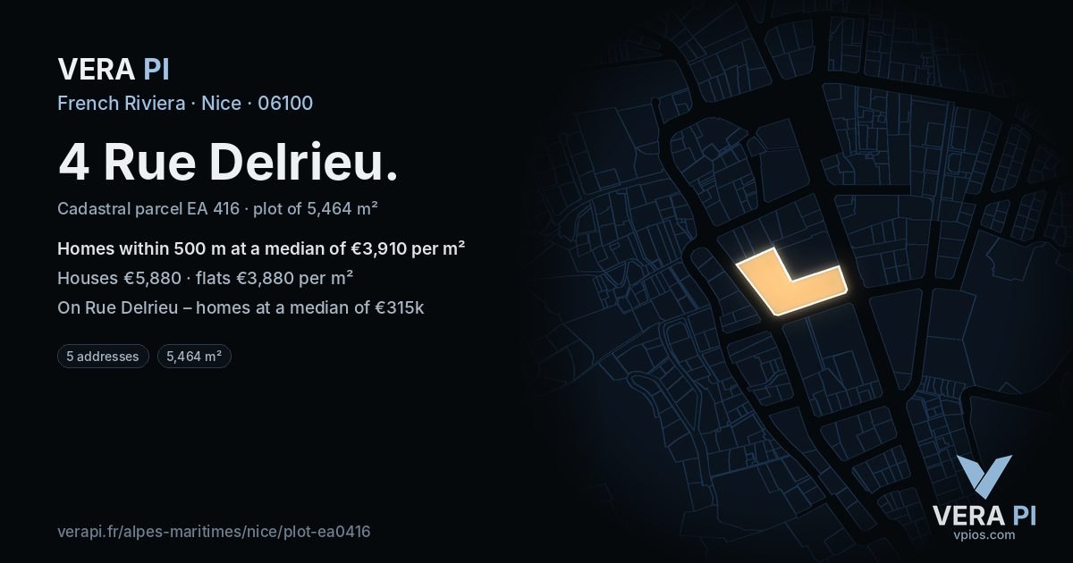 4 Rue Delrieu, Nice at night – the plot lit, the parcels around coloured by the prices near them