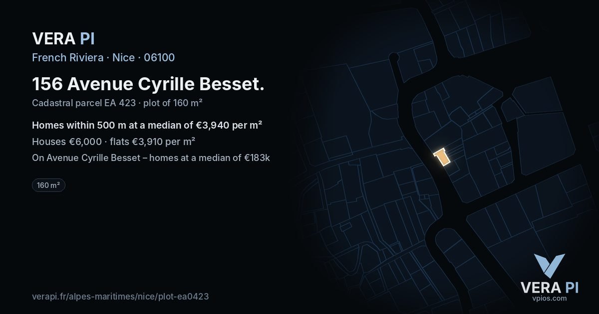 156 Avenue Cyrille Besset, Nice at night – the plot lit, the parcels around coloured by the prices near them